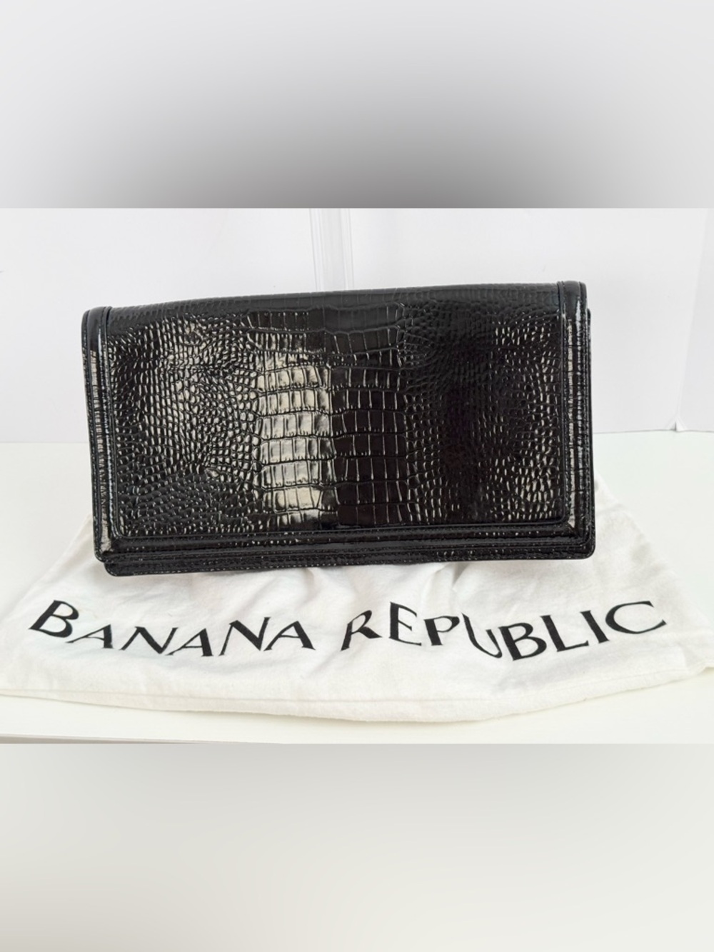 Banana Republic Black Croc Patent Leather Clutch Envelope Bag